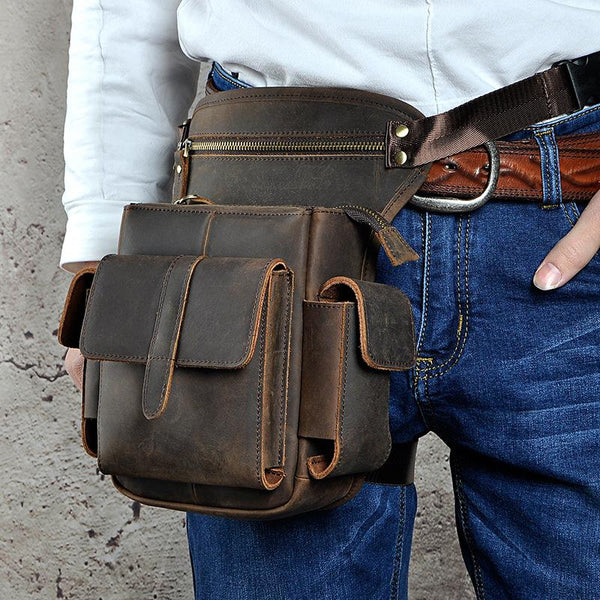 Vintage Mens Leather Biker Drop Leg Bag Messenger Bag Waist Bag Belt Pouches For Men - imessengerbags
