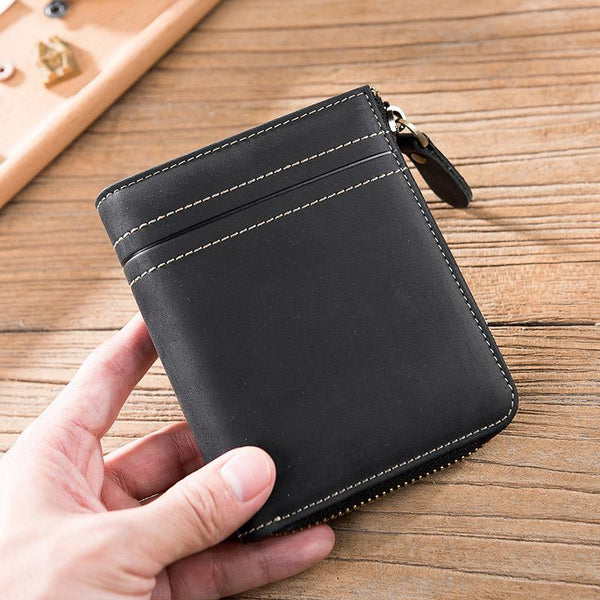 Handmade Leather Mens Cool Slim Leather Zipper Wallet Men Small Wallets Bifold for Men - imessengerbags