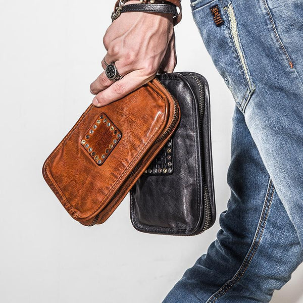 Handmade Leather Mens Cool Long Leather Wallet Zipper Clutch Wallet for Men - imessengerbags