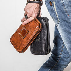Handmade Leather Mens Cool Long Leather Wallet Zipper Clutch Wallet for Men