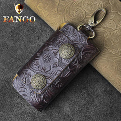 Handmade Leather Floral Mens Cool Car Key Wallet Coin Wallet Pouch Car KeyChain for Men - imessengerbags
