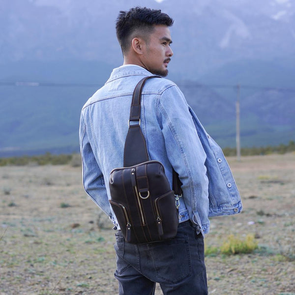 Handmade Genuine Leather Coffee Mens Cool Sling Pack Bag Crossbody Bag Chest Bag for men - imessengerbags