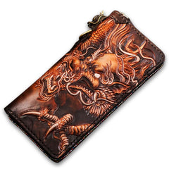 Handmade Leather Tooled Chinese Dragon Mens Chain Biker Wallet Cool Leather Wallet Long Phone Wallets for Men - imessengerbags