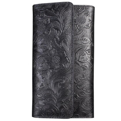 Handmade Leather Floral Mens Cool Travel Long Wallet Card Holder Card Trifold Clutch Wallets for Men - imessengerbags