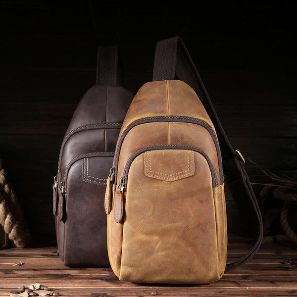 Genuine Leather Mens Cool Chest Bag Sling Bag Crossbody Bag Travel Bag Hiking Bag for men