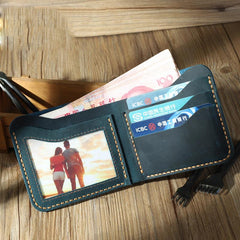 Handmade Slim Blue Leather Mens Billfold Wallet Personalize Bifold Small Wallets for Men