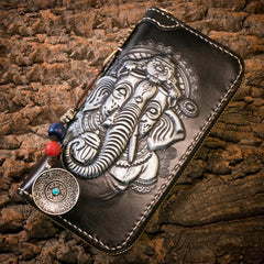 Handmade Leather Mens Chain Biker Wallet Cool Tooled Ganesha Wallet Long Phone Wallets for Men