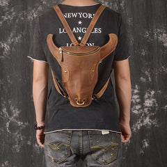 Handmade Leather Mens Cool XO Bull Backpack Sling Bag Black Travel Bag Hiking Bag for men