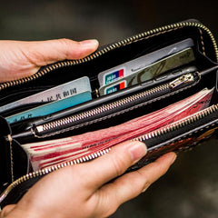 Handmade Leather Tooled Carp Mens Chain Biker Wallet Cool Leather Wallet Long Phone Wallets for Men