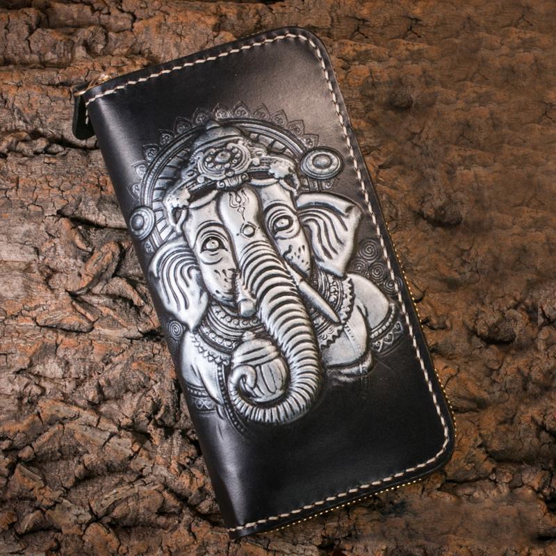 Handmade Leather Mens Chain Biker Wallet Cool Tooled Ganesha Wallet Long Phone Wallets for Men