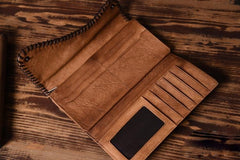 Handmade Leather Mens Cool Long Leather Wallet Trifold Clutch Wallet for Men