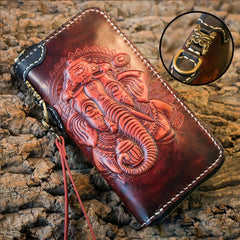 Handmade Leather Mens Chain Biker Wallet Cool Tooled Ganesha Wallet Long Phone Wallets for Men