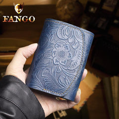 Handmade Leather Floral Mens Trifold Cool billfold Wallet Card Holder Small Card Slim Wallets for Men - imessengerbags