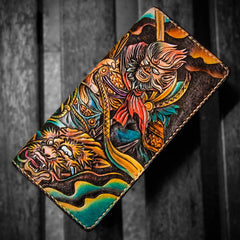 Handmade Leather Men Tooled Monkey King Cool Leather Wallet Long Phone Clutch Wallets for Men - imessengerbags