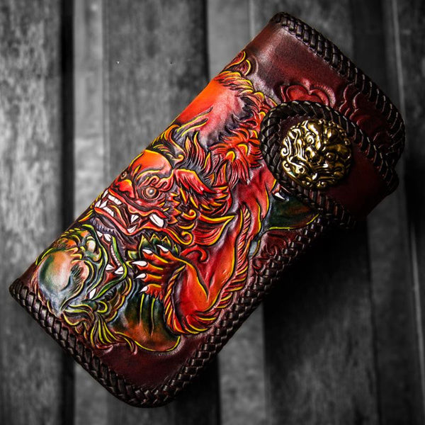 Handmade Leather Chinese Lion Mens Chain Biker Wallet Cool Leather Wallet With Chain Wallets for Men - imessengerbags