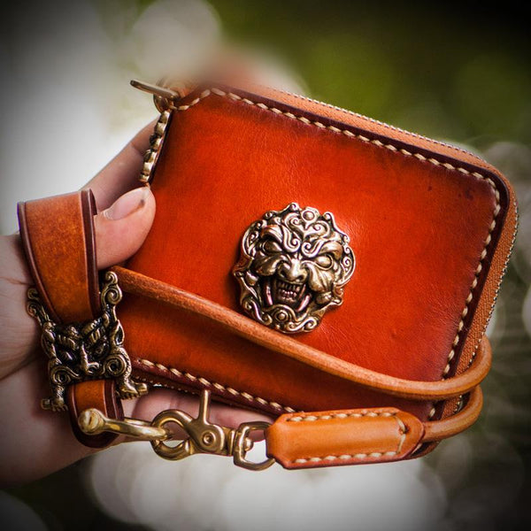 Handmade Leather Tibetan Tooled Mens billfold Wallet Cool Chain Wallet Biker Wallet for Men - imessengerbags