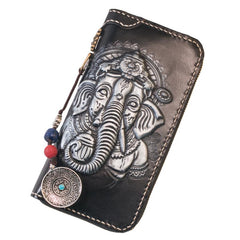 Handmade Leather Mens Chain Biker Wallet Cool Tooled Ganesha Wallet Long Phone Wallets for Men