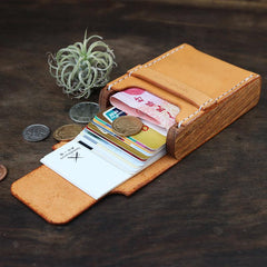 Handmade Cool Wooden Brown Leather Mens Wallet Small Card Holder Coin Wallet for Men - imessengerbags