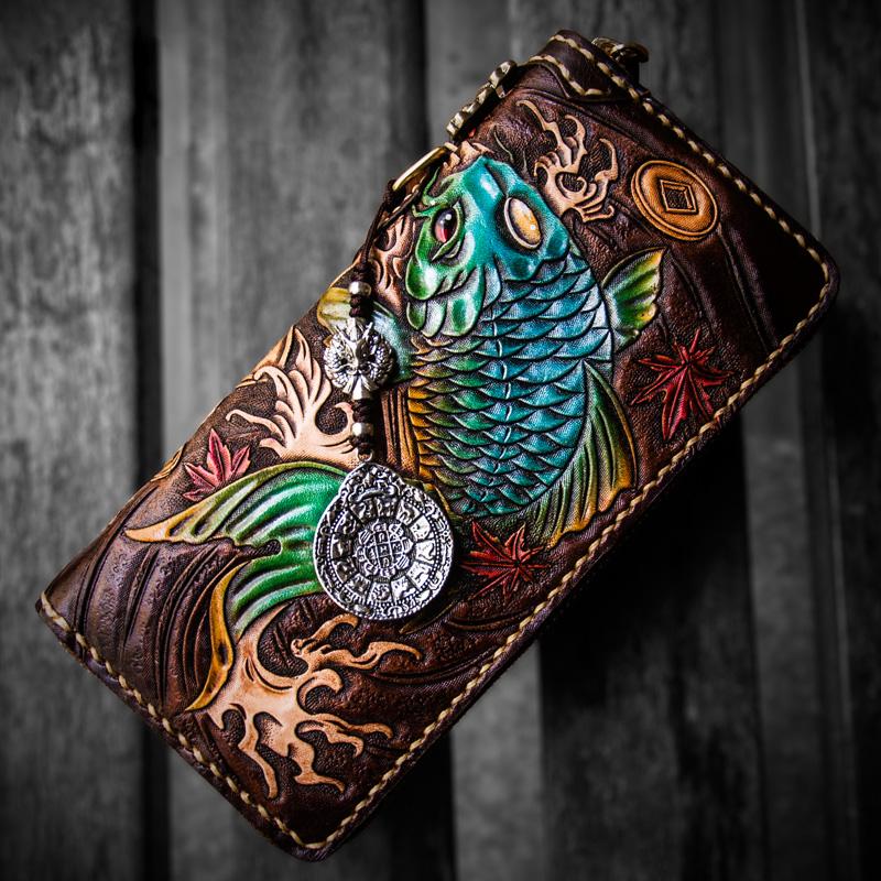 Handmade Leather Tooled Carp Mens Chain Biker Wallet Cool Leather Wallet Long Phone Wallets for Men - imessengerbags