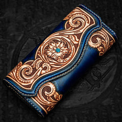 Handmade Leather Men Tooled Blue Floral Cool Leather Wallet Long Phone Clutch Wallets for Men - imessengerbags