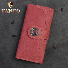 Handmade Leather Floral Mens Cool Travel Long Wallet Card Holder Card Slim Clutch Wallets for Men - imessengerbags