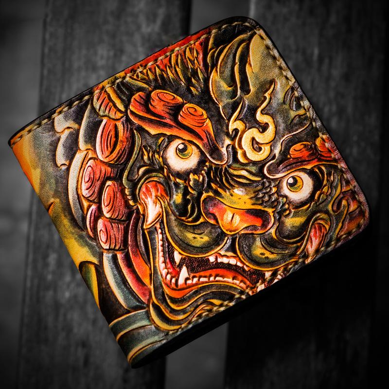 Handmade Leather Chinese Lion Tooled Mens billfold Wallet Cool Leather Wallet Slim Wallet for Men - imessengerbags