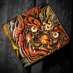 Handmade Leather Chinese Lion Tooled Mens billfold Wallet Cool Leather Wallet Slim Wallet for Men - imessengerbags