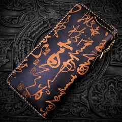 Handmade Leather Mens Chain Chinese Handwriting Biker Wallet Cool Leather Wallet Long Phone Wallets for Men