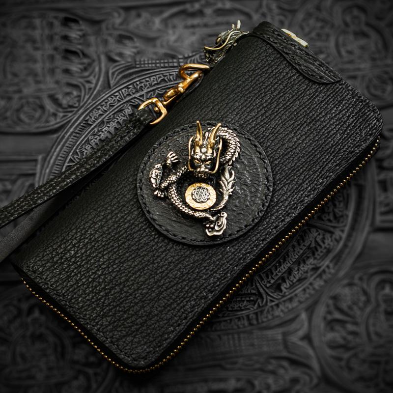 Handmade Leather Black Sharkskin Chain Wallet Mens Biker Wallet Cool Leather Wallet Long Phone Wallets for Men - imessengerbags