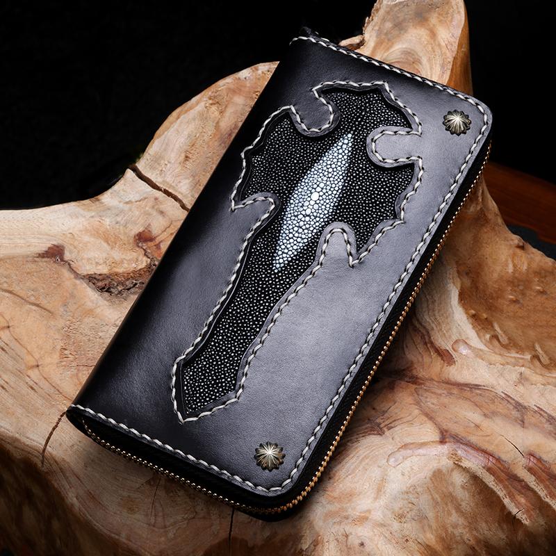 Handmade Leather Cross Mens Biker Wallet Cool Leather Wallet Long Phone Wallets for Men