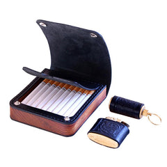 Handmade Wooden Black Leather Mens 20pcs Cigarette Case Cool Custom Cigarette Holder for Men