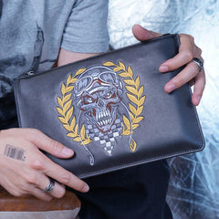 Handmade Leather Mens Clutch Skull Cool Slim Wallet Zipper Clutch Wristlet Wallet for Men
