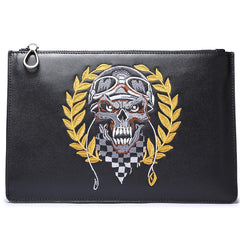 Handmade Leather Mens Clutch Skull Cool Slim Wallet Zipper Clutch Wristlet Wallet for Men