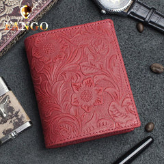 Handmade Leather Floral Mens Cool Slim Leather Wallet Men billfold Wallets Bifold for Men - imessengerbags