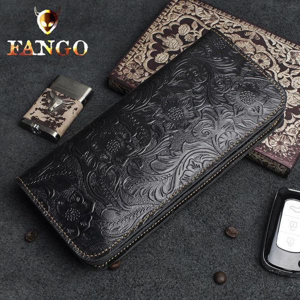 Handmade Leather Floral Mens Cool Travel Long Wallet Card Holder Card Slim Clutch Wallets for Men - imessengerbags