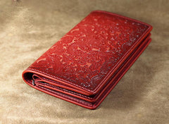 Handmade Leather Tooled Trifold Henna Floral Mens Long Wallet Cool Leather Wallet Clutch Wallet for Men - imessengerbags