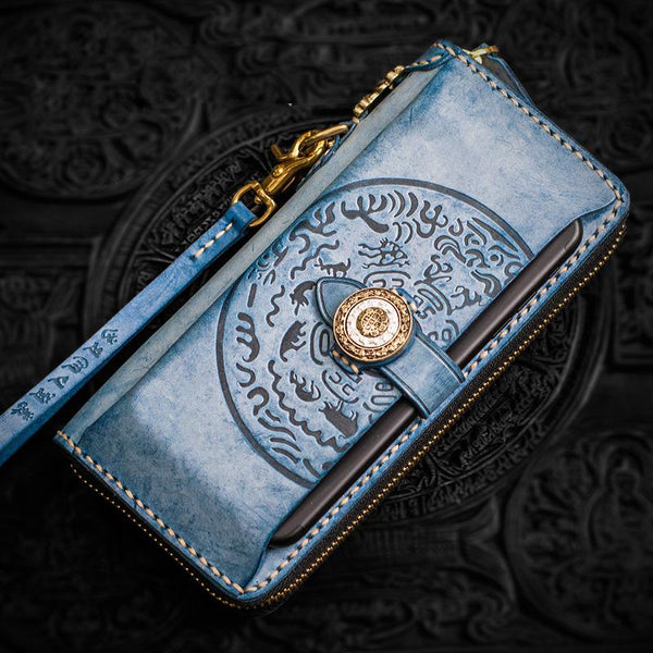 Handmade Leather Tooled Tibetan Mens Chain Biker Wallet Cool Leather Wallet Long Phone Wallets for Men - imessengerbags