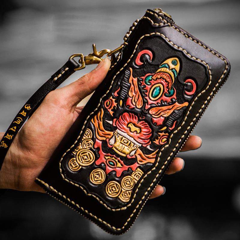 Handmade Leather Mens Tooled Monster Chain Biker Wallet Cool Leather Wallet Long Clutch Wallets for Men - imessengerbags