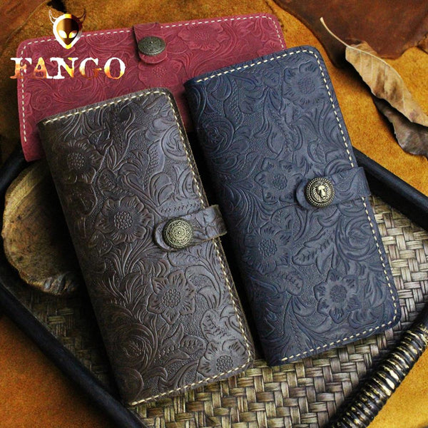 Handmade Leather Floral Mens Cool Travel Long Wallet Card Holder Card Slim Clutch Wallets for Men - imessengerbags