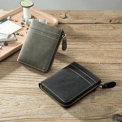 Handmade Leather Mens Cool Slim Leather Zipper Wallet Men Small Wallets Bifold for Men - imessengerbags
