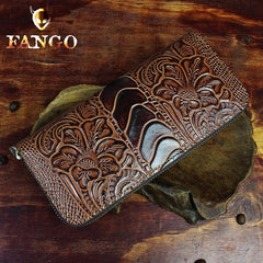 Handmade Leather Floral Mens Cool Zipper Phone Travel Long Wallet Card Holder Card Slim Clutch Wallets for Men - imessengerbags
