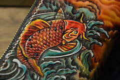 Handmade Leather Carp Mens Chain Biker Wallet Cool Leather Wallet Long Phone Wallets for Men