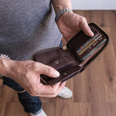 Genuine Leather Mens Cool billfold Leather Wallet Men Small Zipper Wallets Bifold for Men - imessengerbags
