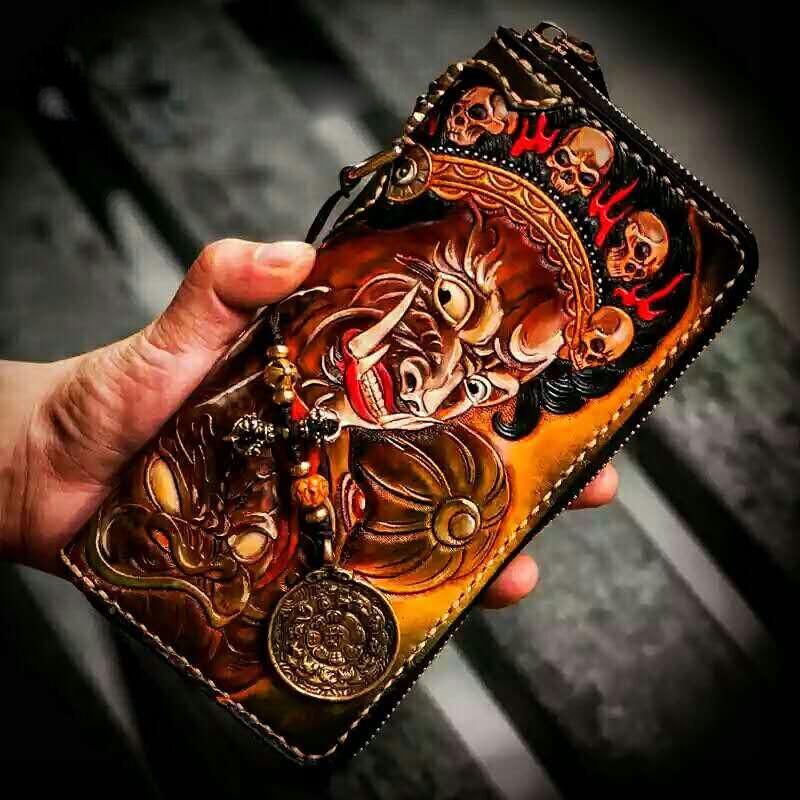 Handmade Leather Mahākāla Mens Chain Biker Wallet Cool Leather Wallet With Chain Wallets for Men - imessengerbags
