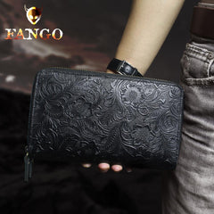 Handmade Leather Floral Tooled Mens Clutch Cool Slim Wallet Zipper Clutch Wristlet Wallet for Men