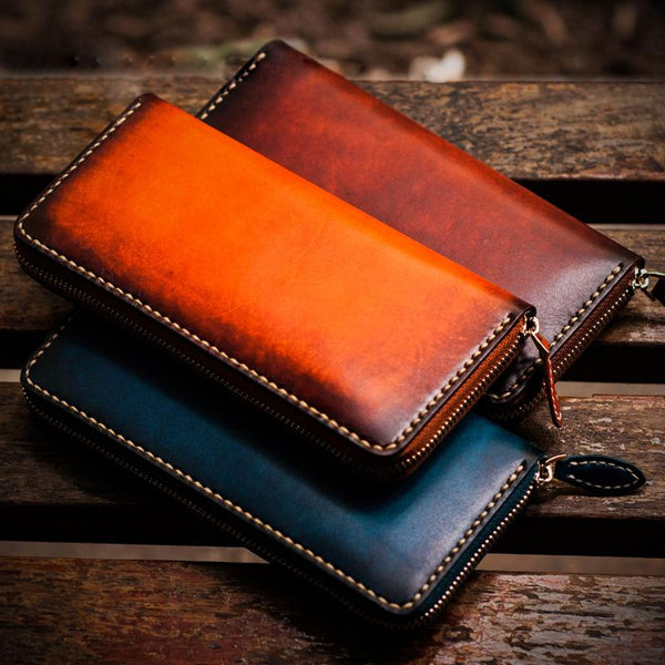 Handmade Leather Mens Cool Long Leather Wallet Zipper Clutch Wallet for Men - imessengerbags