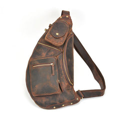 Handmade Leather Mens Cool Chest Bag Sling Bag Crossbody Bag Travel Bag Hiking Bag for men