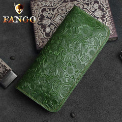 Handmade Leather Floral Mens Cool Travel Long Wallet Card Holder Card Slim Clutch Wallets for Men - imessengerbags