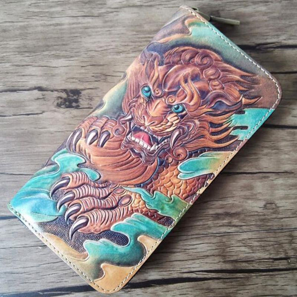 Handmade Leather Chinese Lion Tooled Mens Long Wallet Cool Leather Wallet Clutch Wallet for Men - imessengerbags