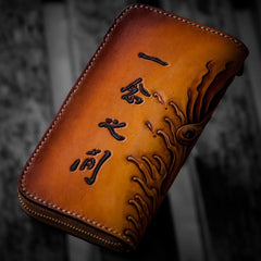 Handmade Leather Mens Clutch Wallet Cool Buddha&Demon Tooled Wallet Long Zipper Wallets for Men - imessengerbags
